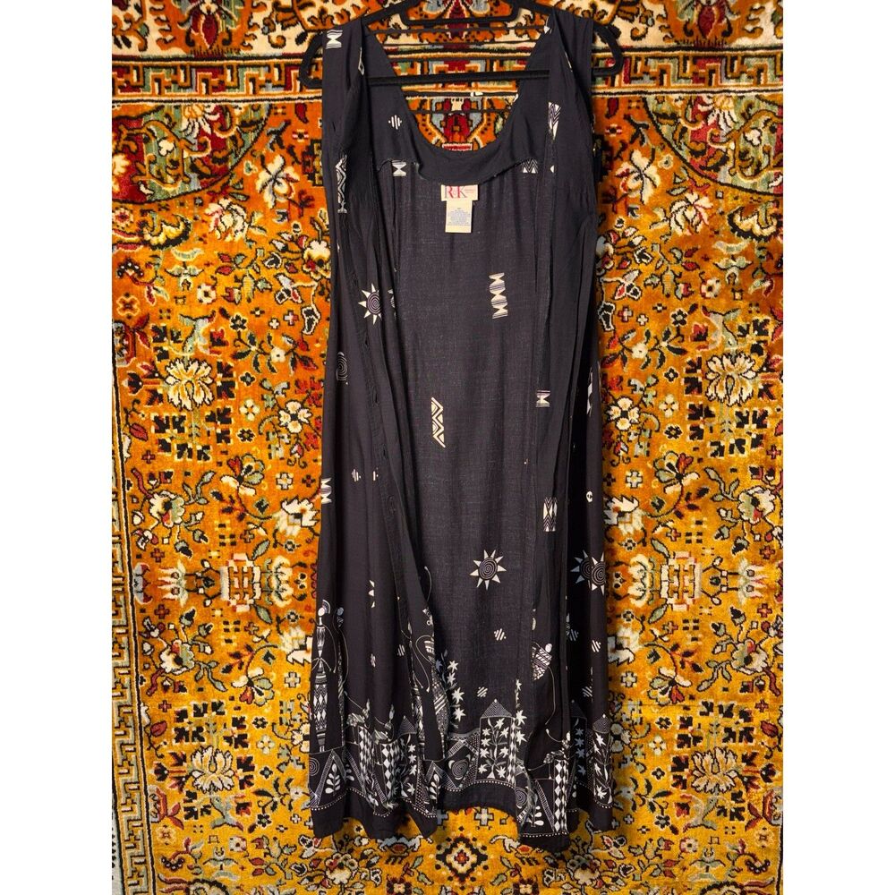VTG Black White Folk Art Print Button Front Midi Dress w/Strappy Back sz 8 - Picture 9 of 10